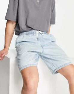 Hollister Denim Jogger Shorts In Light Wash For Men