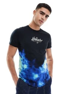 Hollister Chest & Back Logo Acid Wash Ombre Longline T-shirt In Blue For Men Black/multi