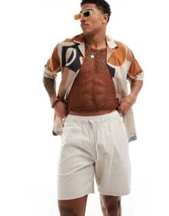 Hollister Linen Blend Jogger Short In Cream For Men Natural Texture