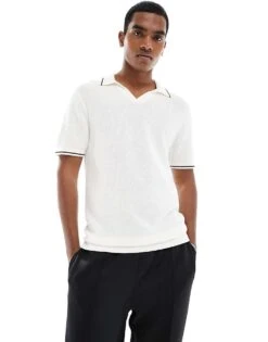 Hollister Knitted Polo With Tipping In Cream For Men Jet Stream/black
