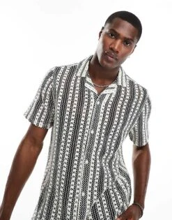 Hollister Short Sleeve Revere Collar Stripe Crochet Shirt In Black/white For Men