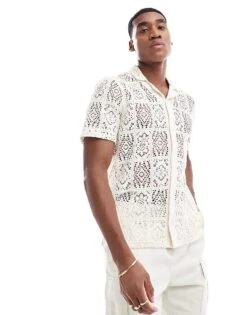 Hollister Short Sleeve Revere Collar Lace Shirt In White For Men