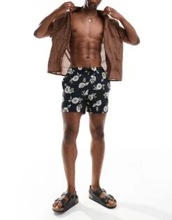 Hollister 5inch Floral Print Swim Shorts In Black For Men