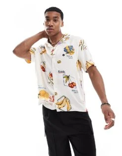 Hollister Thrifted Short Sleeve Revere Collar Tropical Produce Print Rayon Shirt In Whisper White Fruit For Men