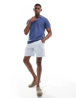 Hollister Closed Stitch Raised Stripe Knit Polo In Mid Blue For Men