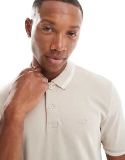 Hollister Icon Logo Tipped Pique Polo In Beige For Men