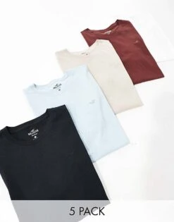 Hollister 5 Pack Icon Logo T-shirt In White/black/tan/blue/burgundy For Men Multi