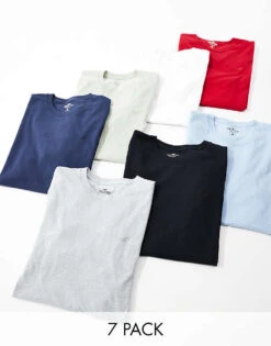 Hollister 7 Pack Icon Logo T-shirt In White/black/grey/blues/green/red For Men Multi