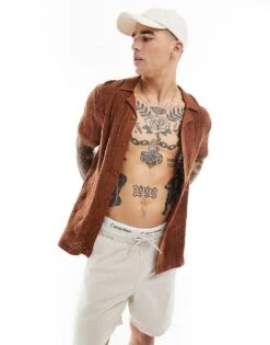 Hollister Short Sleeve Open Stitch Knit Shirt In Rust For Men