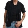 Hollister Short Sleeve Revere Collar Lace Shirt In Black For Men Beige