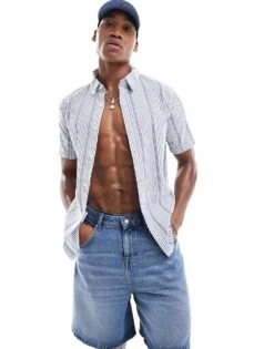 Hollister Short Sleeve Seersucker Stripe Shirt In Navy/white For Men