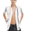 Hollister Short Sleeve Revere Collar Stripe Shirt Boxy Fit In White For Men