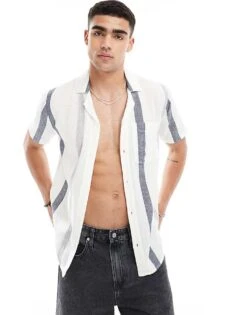 Hollister Short Sleeve Revere Collar Stripe Shirt Boxy Fit In White For Men