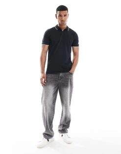 Hollister Icon Logo Tipped Pique Polo In Black For Men Black Beauty