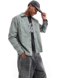 Hollister Overdye Washed Denim Overshirt In Mid Green For Men