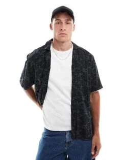 Hollister Short Sleeve Revere Collar Textured Rayon Medallion Print Shirt In Black For Men