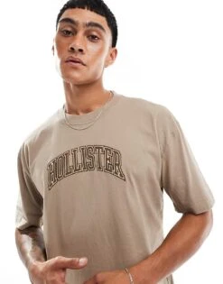 Hollister Varsity Tech Logo Heavyweight Boxy Fit T-shirt In Tan For Men