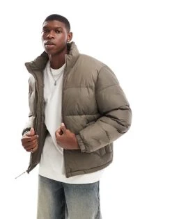 Hollister Heavyweight Mock Neck Puffer Jacket In Brown For Men