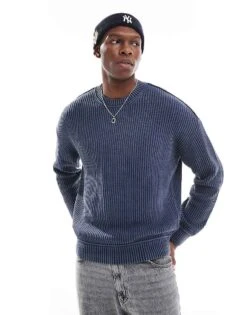 Hollister Boxy Fit Washed Chunky Rib Knit Jumper In Navy For Men