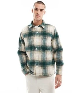 Hollister Check Cozy Brushed Flannel Shacket In Cream/green For Men Green Ombre