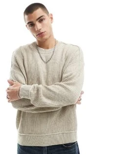 Hollister Boxy Fit Washed Chunky Rib Knit Jumper In Tan For Men Silver Lining