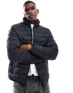 Hollister Midweight Mock Neck Puffer Jacket In Black For Men