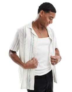 Hollister Short Sleeve Lace Stripe Revere Collar Shirt In Green/white For Men