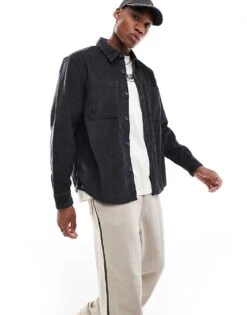 Hollister Wide Wale Cord Overshirt In Charcoal For Men