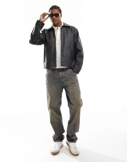 Hollister Boxy Fit Vintage Faux Leather Biker Jacket In Black For Men