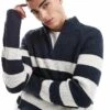 Hollister Quarter Zip Knitted Jumper In Navy Stripe For Men Multi