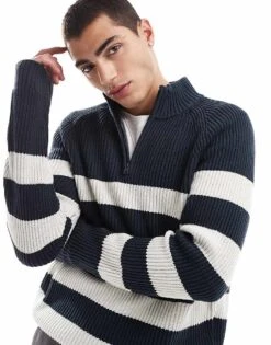 Hollister Quarter Zip Knitted Jumper In Navy Stripe For Men Multi