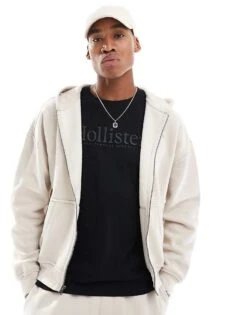 Hollister Boxy Mini Logo Motif Hoodie Co-ord In Beige For Men