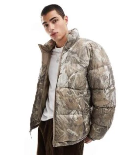 Hollister Boxy High Neck Padded Coat In Beige Camo Print For Men