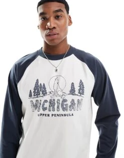 Hollister Boxy Raglan Long Sleeve Motif Top In Grey White For Men White/grey