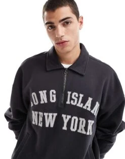 Hollister Motif Quarter Zip Boxy Foldover Collar Sweat Top In Beige For Men Black