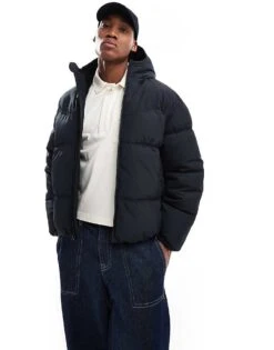 Hollister Fur Lined Hooded Padded Coat In Black For Men