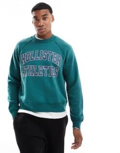 Hollister Boxy Cropped Logo Sweat Top In Green For Men
