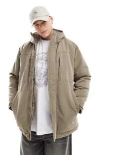 Hollister Fleece Padded Heavyweight Parka Jacket In Beige For Men