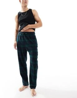 Hollister Nightwear Long Sleeve Top & Baggy Trouser Set In Grey Green Check For Men Multi