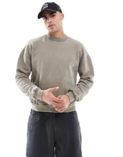 Hollister Boxy Crew Neck Sweat Top In Beige For Men