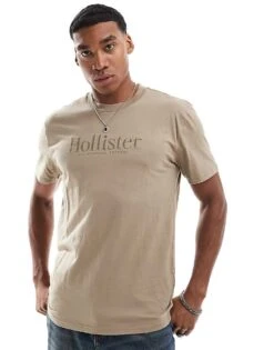 Hollister Logo Detail Relaxed T-shirt In Khaki For Men