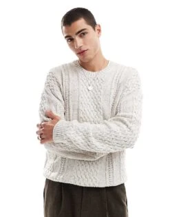 Hollister Cable Knitted Boxy Jumper In Cream For Men