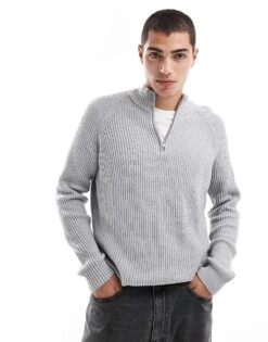 Hollister Quarter Zip Knitted Jumper In Grey For Men