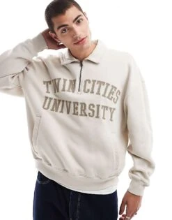 Hollister Motif Quarter Zip Boxy Foldover Collar Sweat Top In Beige For Men