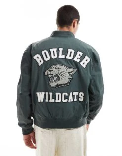 Hollister Varsity Bomber Jacket With Back Print In Green For Men