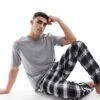 Hollister Nightwear Short Sleeve Top & Baggy Trouser Set In Grey Black Check For Men Multi