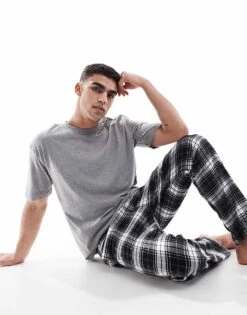 Hollister Nightwear Short Sleeve Top & Baggy Trouser Set In Grey Black Check For Men Multi