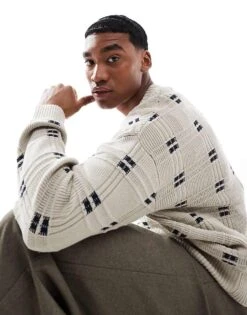 Hollister Boxy Crew Neck Jumper In Geo Pattern Grey For Men