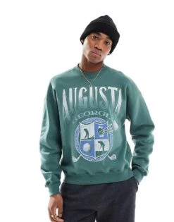Hollister Cropped Sweat Top With Golf Motif In Green For Men