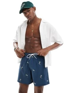 Hollister 8"" Swim Contrast Stripe Boardshort In Blue Fish Print For Men